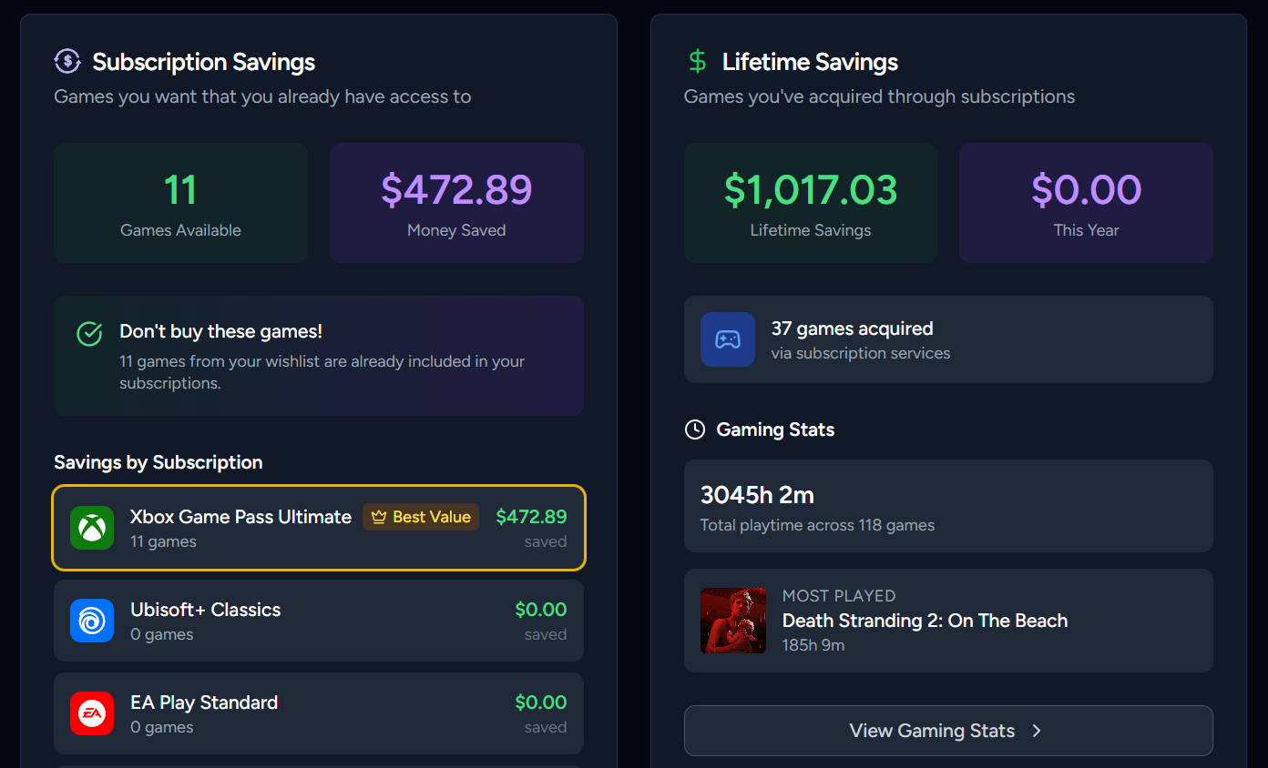 Vaulted subscription savings dashboard showing money saved, lifetime savings, and gaming stats