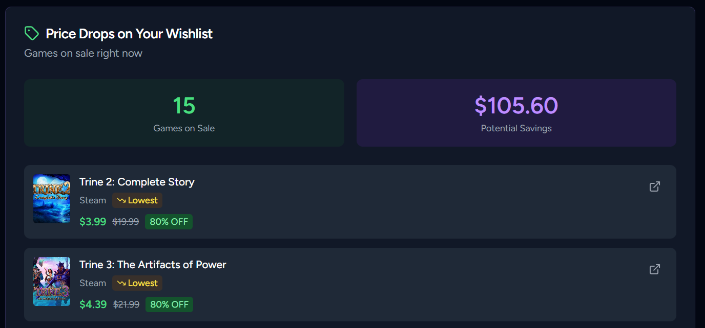 Vaulted price drops view showing wishlisted games on sale with discount percentages and potential savings
