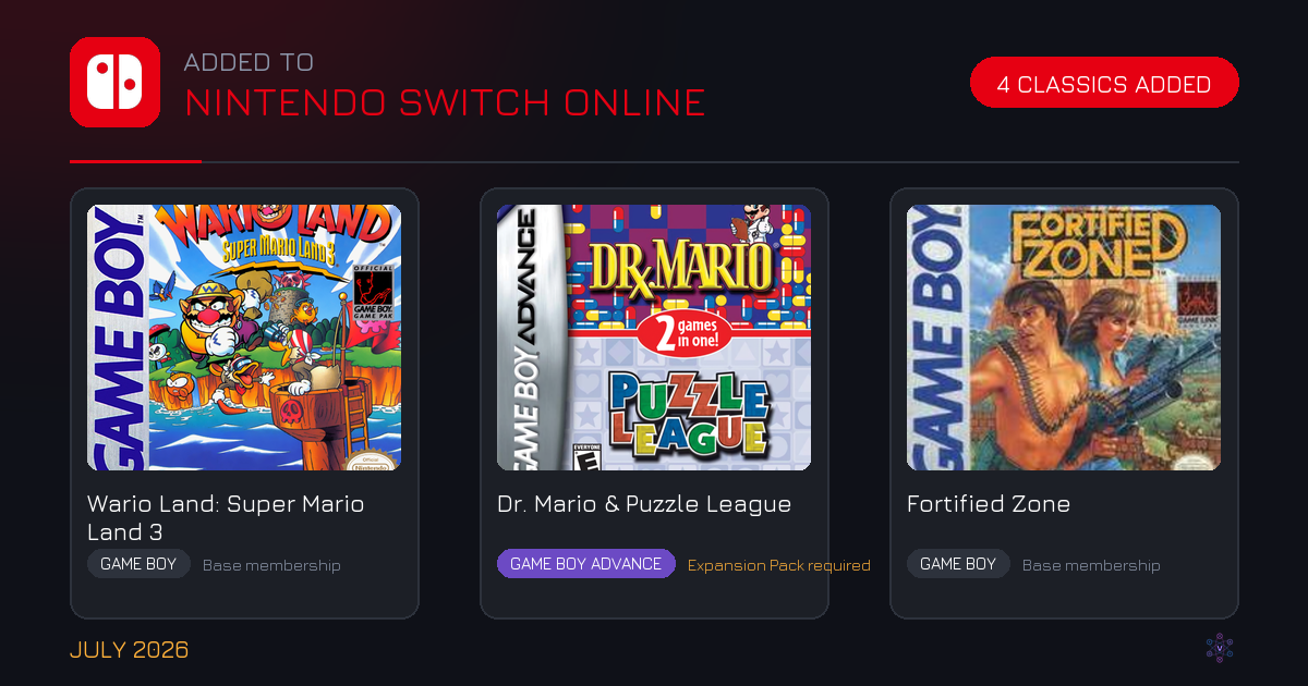 Games Added to Nintendo Switch Online: July 2026