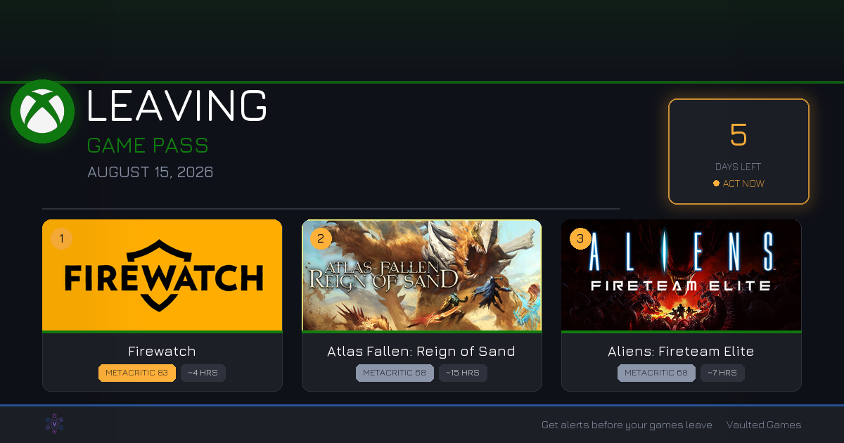 Games Leaving Game Pass: August 15, 2026